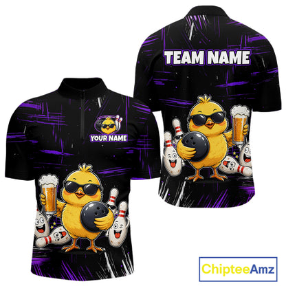 Front and back views of a black bowling quarter zip featuring a sunglasses-wearing yellow chick holding a bowling ball and beer, surrounded by smiling bowling pins, with personalized name and team name text.
