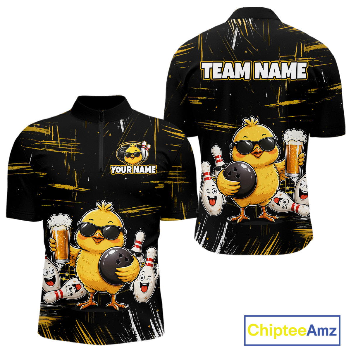 Front and back views of a black bowling quarter zip featuring a sunglasses-wearing yellow chick holding a bowling ball and beer, surrounded by smiling bowling pins, with personalized name and team name text.