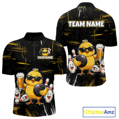 Front and back views of a black bowling quarter zip featuring a sunglasses-wearing yellow chick holding a bowling ball and beer, surrounded by smiling bowling pins, with personalized name and team name text.