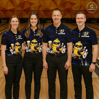 Four people wearing a black bowling polo featuring a sunglasses-wearing yellow chick holding a bowling ball and beer, surrounded by smiling bowling pins, with personalized name and team name text.