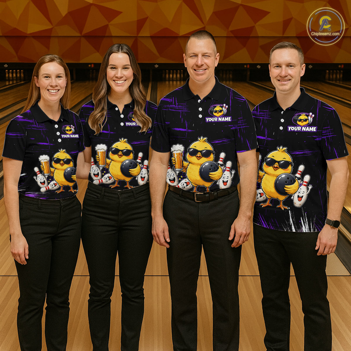 Four people wearing bowling polo shirt featuring a chick holding a bowling ball surrounded by smiling pins and beer graphics on black yellow background.