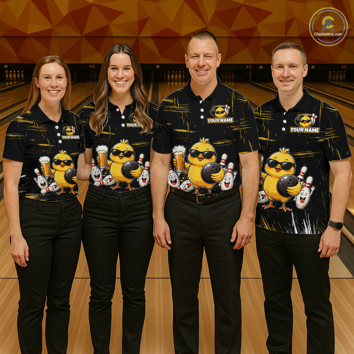 Four people wearing a black bowling polo featuring a sunglasses-wearing yellow chick holding a bowling ball and beer, surrounded by smiling bowling pins, with personalized name and team name text.