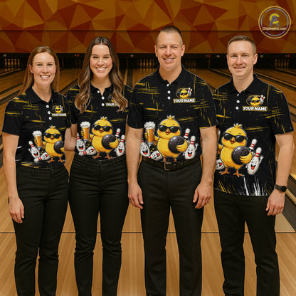 Four people wearing a black bowling polo featuring a sunglasses-wearing yellow chick holding a bowling ball and beer, surrounded by smiling bowling pins, with personalized name and team name text.