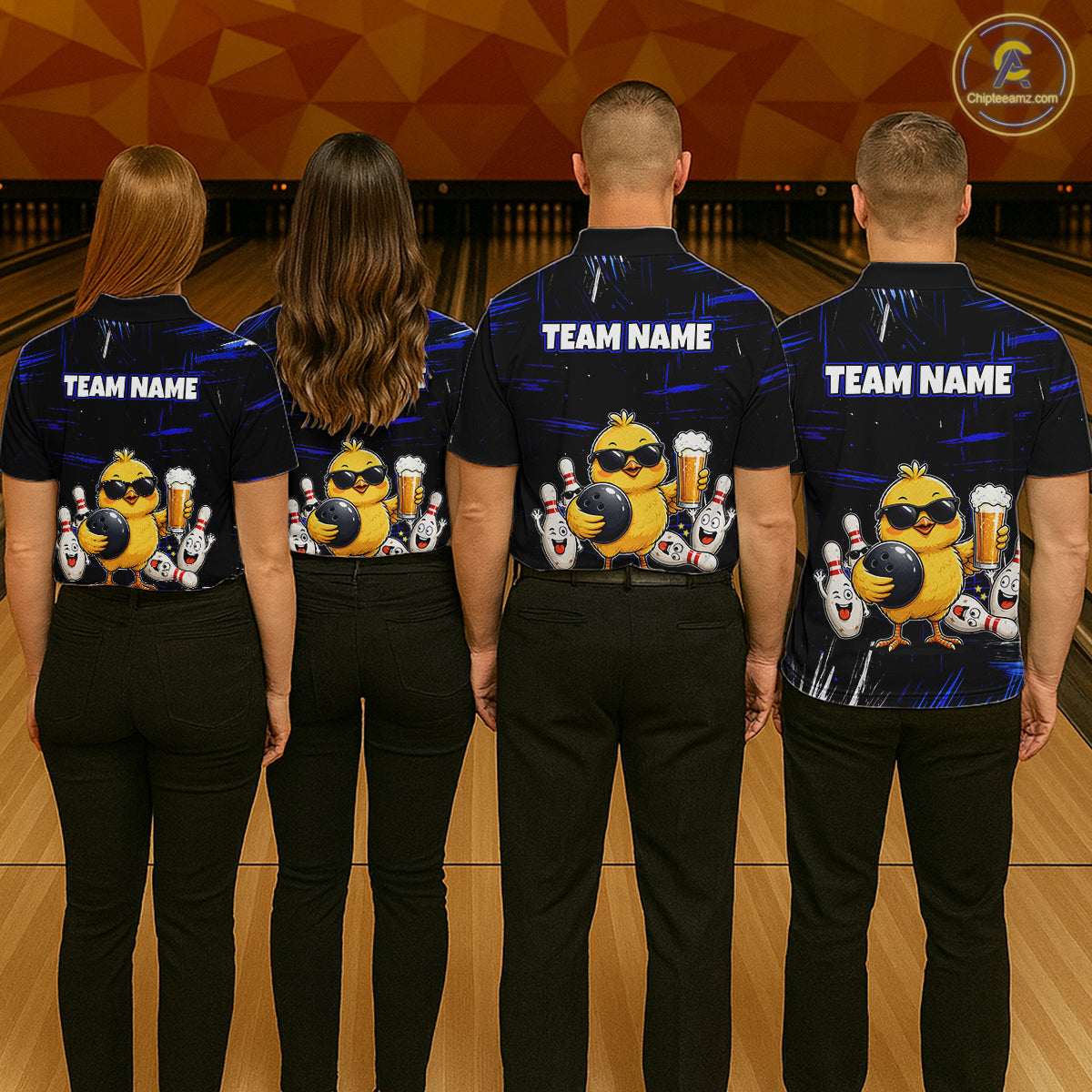 Four people wearing a black bowling polo featuring a sunglasses-wearing yellow chick holding a bowling ball and beer, surrounded by smiling bowling pins, with personalized name and team name text.