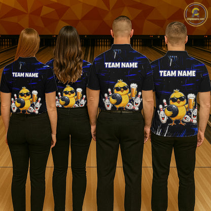Four people wearing bowling polo shirt featuring a chick holding a bowling ball surrounded by smiling pins and beer graphics on black yellow background