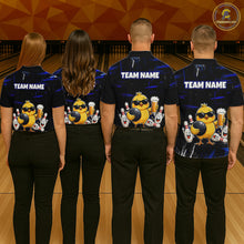 Load image into Gallery viewer, Four people wearing bowling polo shirt featuring a chick holding a bowling ball surrounded by smiling pins and beer graphics on black yellow background
