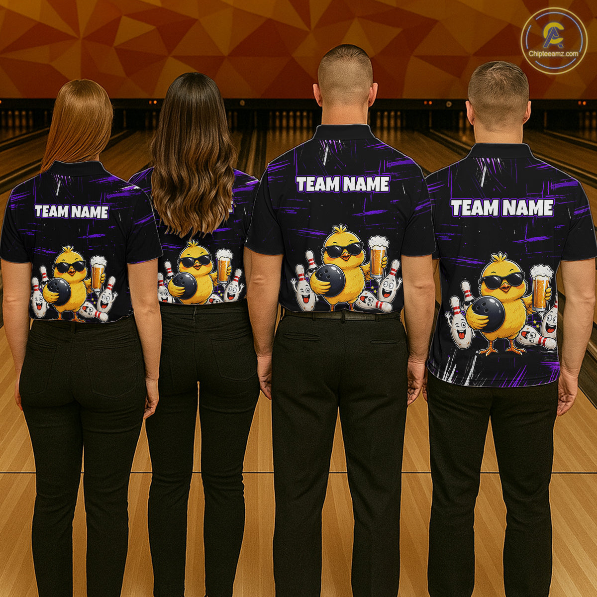 Four people wearing black bowling polo featuring a sunglasses-wearing yellow chick holding a bowling ball and beer, surrounded by smiling bowling pins, with personalized name and team name text.