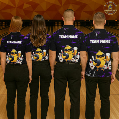 Four people wearing black bowling polo featuring a sunglasses-wearing yellow chick holding a bowling ball and beer, surrounded by smiling bowling pins, with personalized name and team name text.