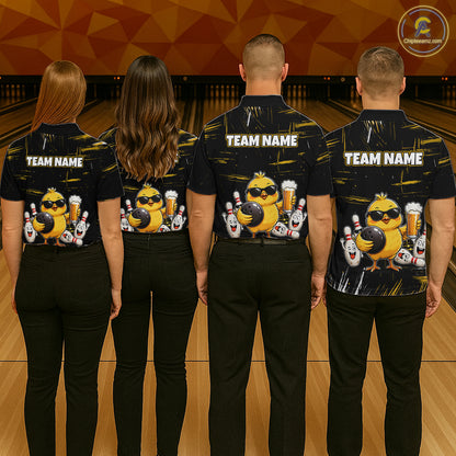 Four people wearing a black bowling polo featuring a sunglasses-wearing yellow chick holding a bowling ball and beer, surrounded by smiling bowling pins, with personalized name and team name text.
