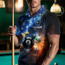 Load image into Gallery viewer, Person wearing a colorful pool-themed shirt with a pool cue, standing in front of a pool table.