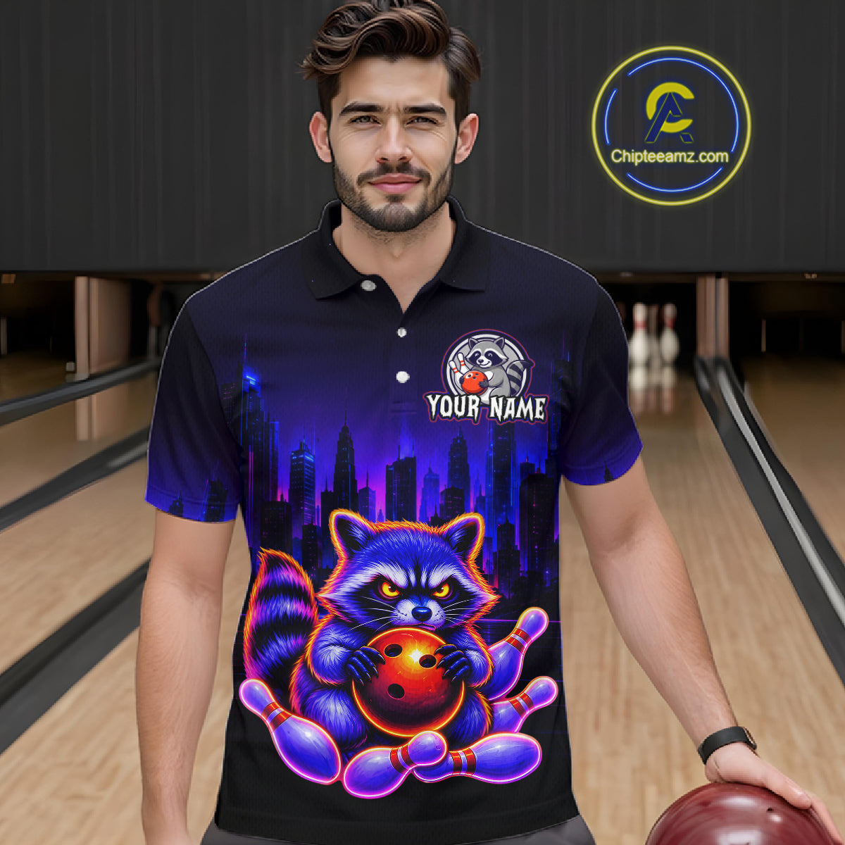 Man wearing bowling polo shirt featuring a raccoon holding a bowling ball framed by pins with purple city skyline background.