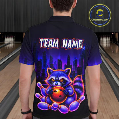 Man wearing bowling polo shirt featuring a raccoon holding a bowling ball framed by pins with purple city skyline background.