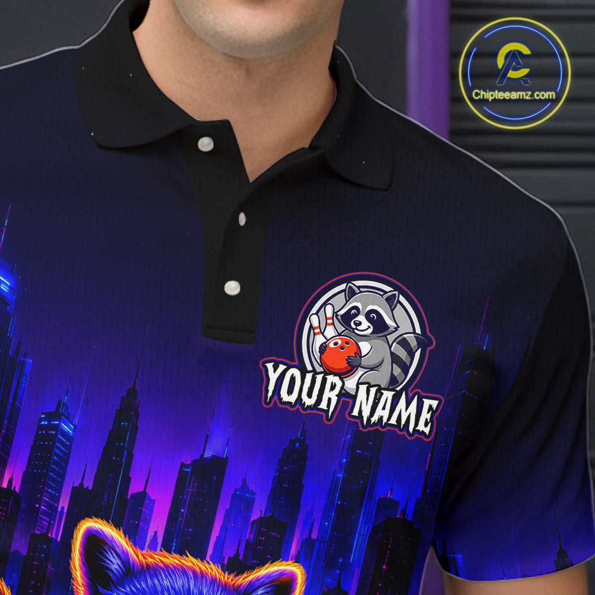 Bowling polo shirt featuring a raccoon holding a bowling ball framed by pins with purple city skyline background.