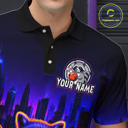 Bowling polo shirt featuring a raccoon holding a bowling ball framed by pins with purple city skyline background.