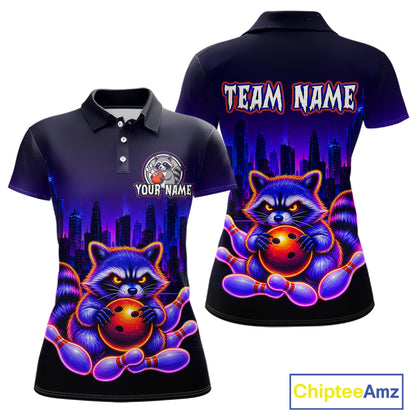 Front and back bowling polo shirt featuring a raccoon holding a bowling ball framed by pins with purple city skyline background.