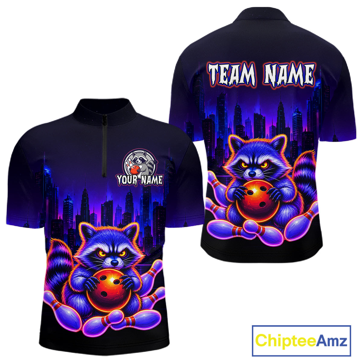 Front and back bowling quarter zip shirt featuring a raccoon holding a bowling ball framed by pins with purple city skyline background.