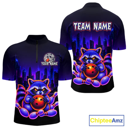 Front and back bowling quarter zip shirt featuring a raccoon holding a bowling ball framed by pins with purple city skyline background.