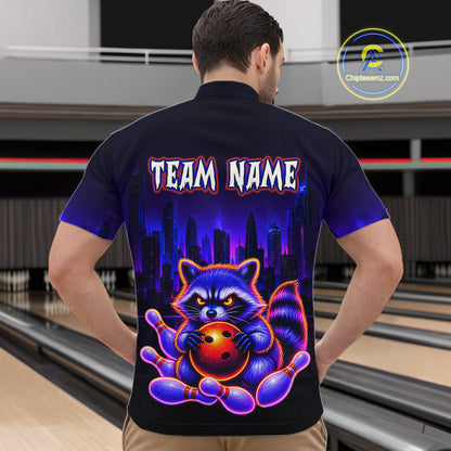 Man wearing bowling quarter zip shirt featuring a raccoon holding a bowling ball framed by pins with purple city skyline background.