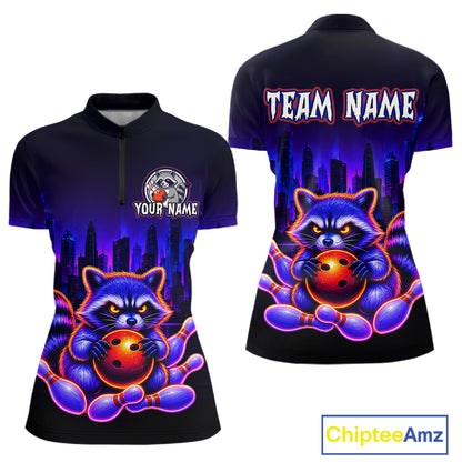 Front and back bowling quarter zip shirt featuring a raccoon holding a bowling ball framed by pins with purple city skyline background.