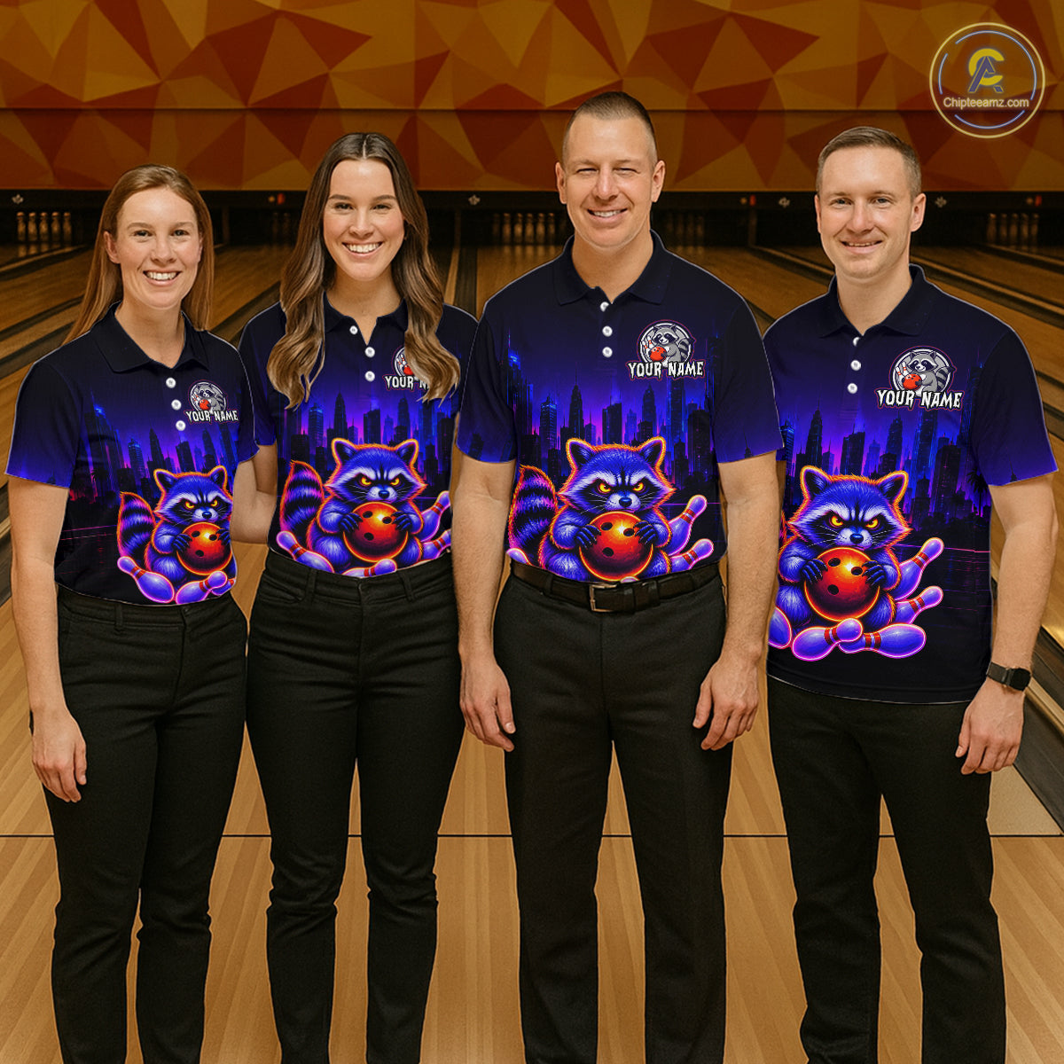 Four people wearing bowling polo shirt featuring a raccoon holding a bowling ball framed by pins with purple city skyline background.