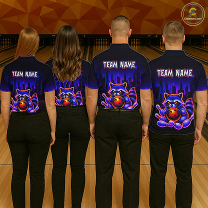 Four people wearing bowling polo shirt featuring a raccoon holding a bowling ball framed by pins with purple city skyline background.