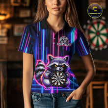 Load image into Gallery viewer, Women wearing darts polo shirt featuring a raccoon holding a dartboard framed by neon light effects on a black background.