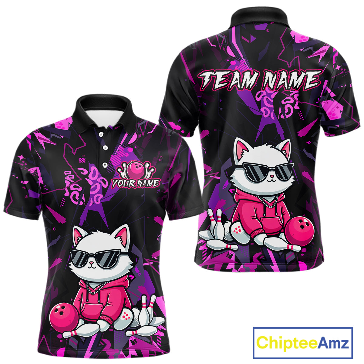 Custom Funny Cat Bowling Bowling Jersey for Men Bowling Team Shirts Polo & 1/4 Zip HNT194