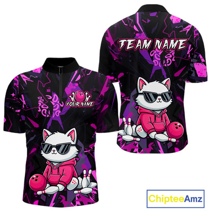 Custom Funny Cat Bowling Bowling Jersey for Men Bowling Team Shirts Polo & 1/4 Zip HNT194