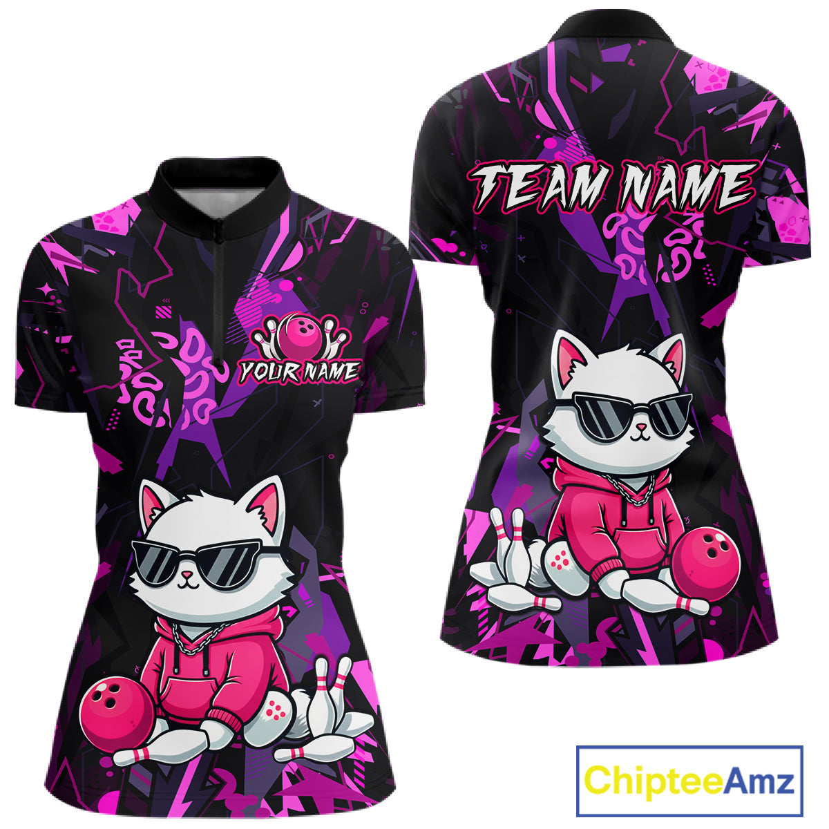 Custom Funny Cat Bowling Bowling Jersey for Women Bowling Team Shirts Polo & 1/4 Zip HNT194