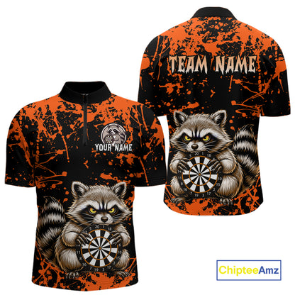 Custom Orange Raccoon Funny Dart Shirt Dart Team Jersey for Men Dartboard Polo & 1/4 Zip Shirts NNT170