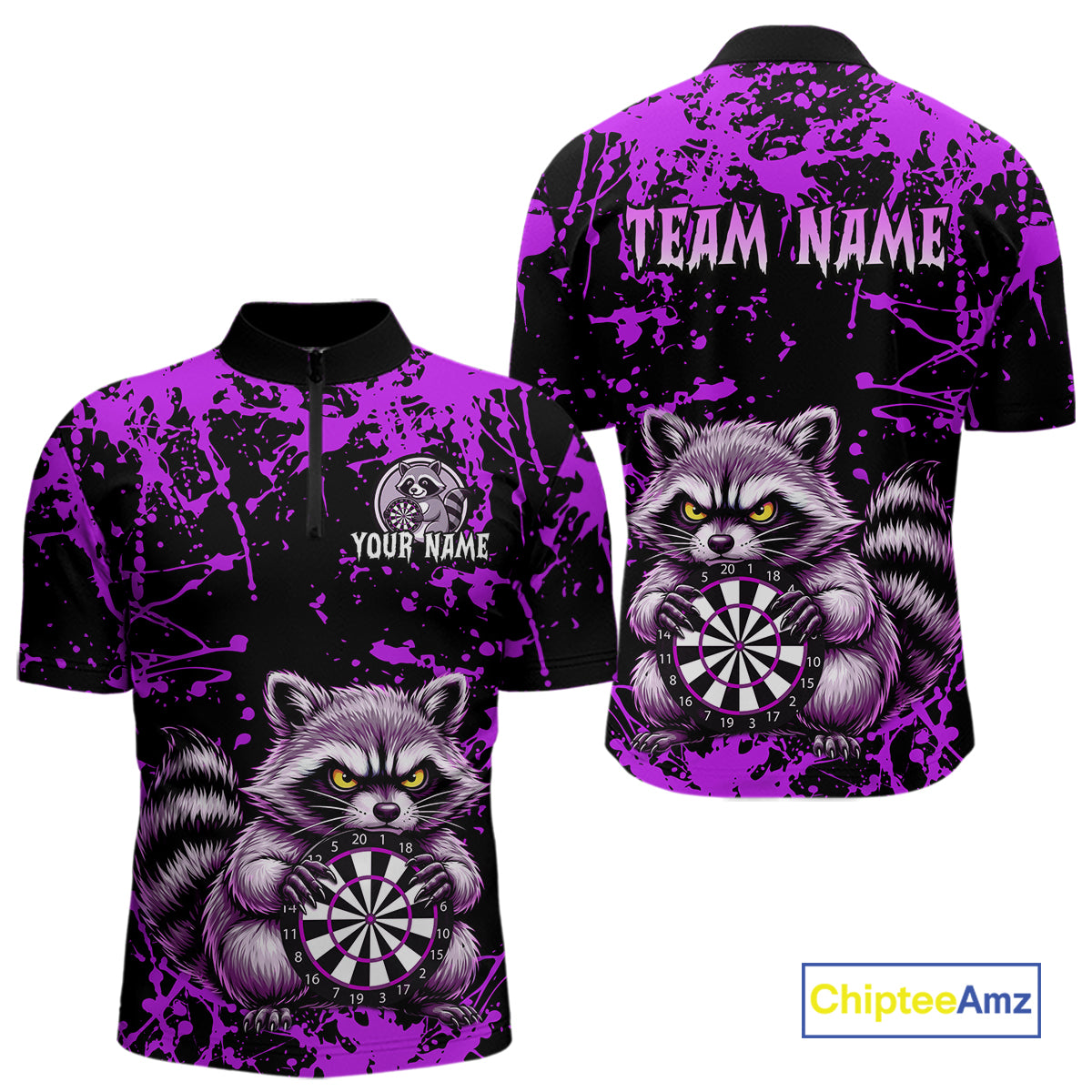 Custom Purple Raccoon Funny Dart Shirt Dart Team Jersey for Men Dartboard Polo & 1/4 Zip Shirts NNT170