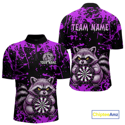 Custom Purple Raccoon Funny Dart Shirt Dart Team Jersey for Men Dartboard Polo & 1/4 Zip Shirts NNT170