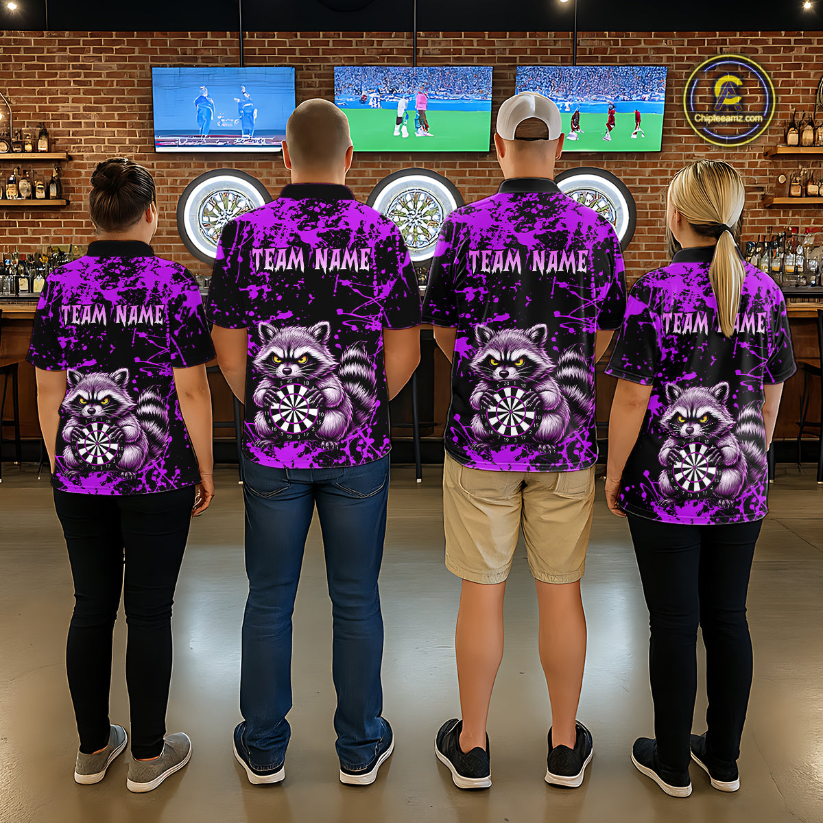 Custom Purple Raccoon Funny Dart Shirt Dart Team Jersey for Men Dartboard Polo & 1/4 Zip Shirts NNT170