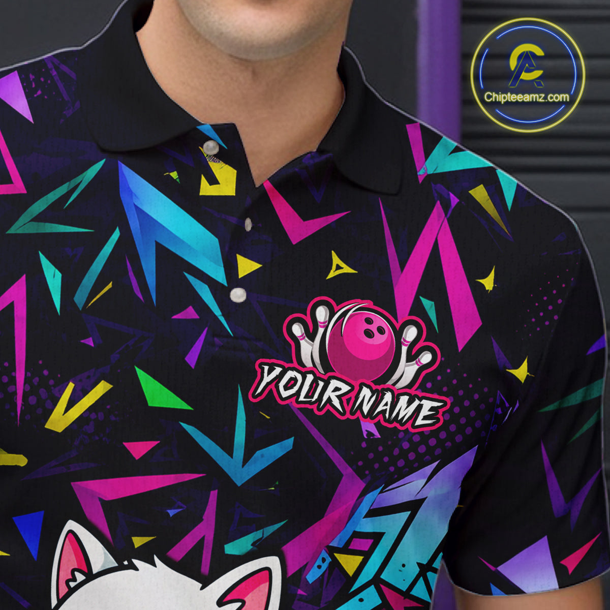 Colorful polo shirt with geometric pattern and bowling design, featuring 'Chipleemaz.com' logo.