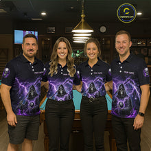 Load image into Gallery viewer, Four people wearing black billiards polo with purple lightning, a hooded grim reaper holding an 8-ball, and custom team and player name text.
