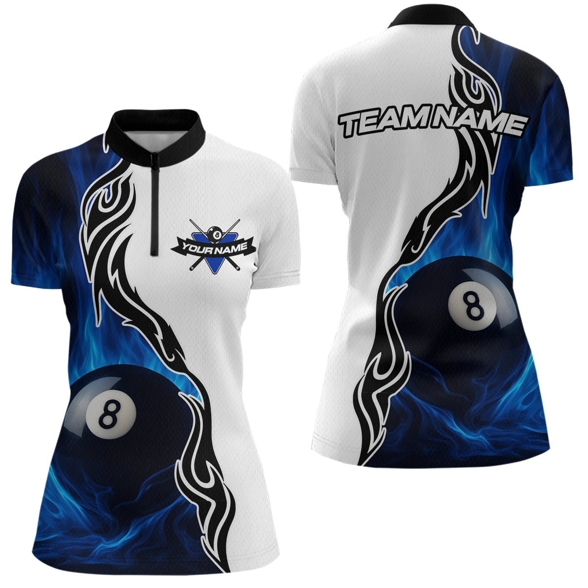 Custom Blue Flame 8 Ball Billiard Shirts for Women Billiard Team Shirts Billiard League Polo & 1/4 Zipper NNT88