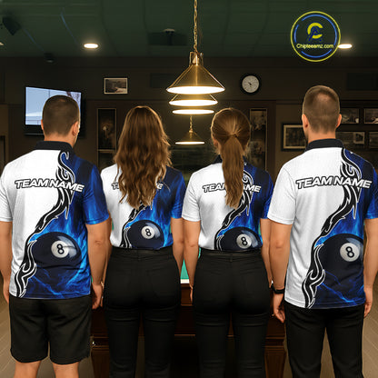 Custom Blue Flame 8 Ball Billiard Shirts for Women Billiard Team Shirts Billiard League Polo & 1/4 Zipper NNT88