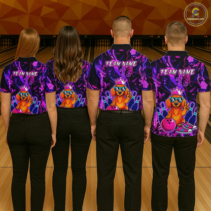 Four people wearing black and purple bowling polo shirt featuring a cartoon dachshund wearing sunglasses and a crown, holding a pink bowling ball, with custom team name text.