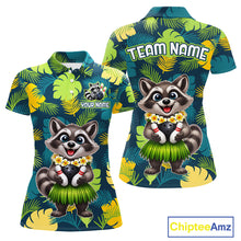 Load image into Gallery viewer, Front and back views of a tropical bowling polo featuring a smiling raccoon mascot in a grass skirt, leafy patterns, bowling pins, and custom team and your name text.