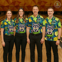 Load image into Gallery viewer, Four people wearing tropical bowling polo featuring a smiling raccoon mascot in a grass skirt, leafy patterns, bowling pins, and custom your name text.