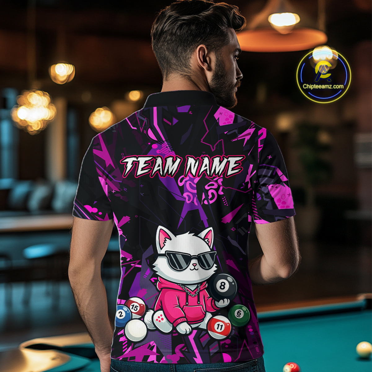 Custom Pink Cat Funny 8 Ball Pool Shirts Billiard Shirt for Men Billiard Team Jersey League NNT175