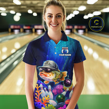 Load image into Gallery viewer, Woman wearing an underwater-themed bowling polo featuring a fish mascot wearing sunglasses and a cap, colorful coral reefs, bowling pins, bowling balls, and custom your name text.