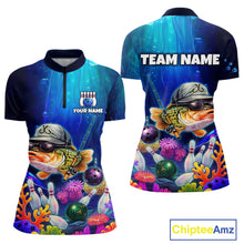 Load image into Gallery viewer, Front and back views of an underwater-themed bowling quarter zip featuring a fish mascot wearing sunglasses and a cap, colorful coral reefs, bowling pins, bowling balls, and custom team text.