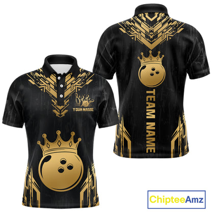 Front and back view personalized bowling polo shirt with a crowned bowling ball centered among geometric gold patterns across a black layout.