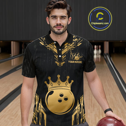 Men wearing personalized bowling polo shirt with a crowned bowling ball centered among geometric gold patterns across a black layout.