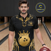 Load image into Gallery viewer, Men wearing personalized bowling polo shirt with a crowned bowling ball centered among geometric gold patterns across a black layout.