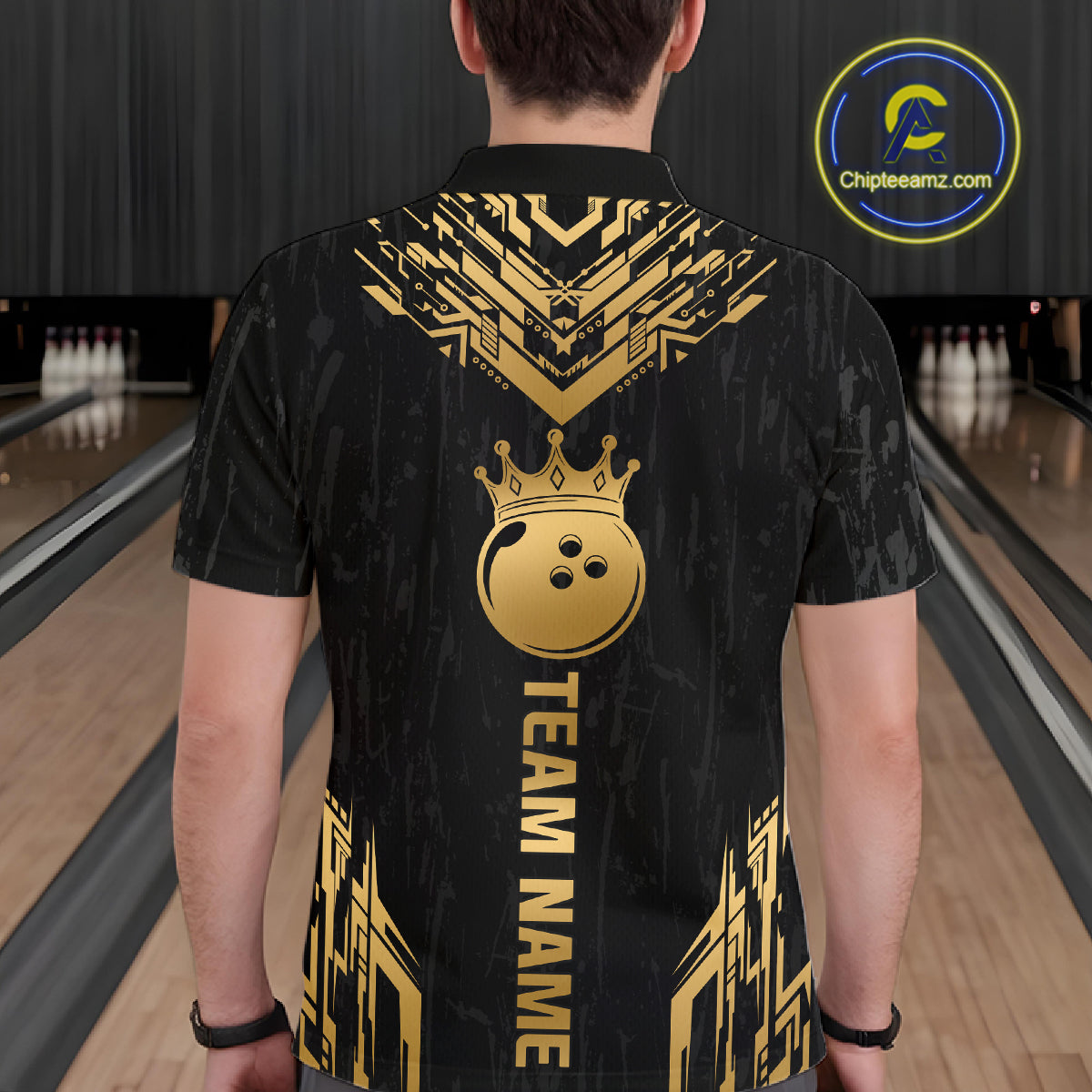 Men wearing personalized bowling polo shirt with a crowned bowling ball centered among geometric gold patterns across a black layout.