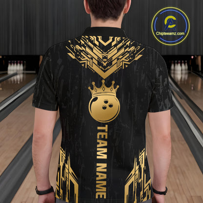 Men wearing personalized bowling polo shirt with a crowned bowling ball centered among geometric gold patterns across a black layout.