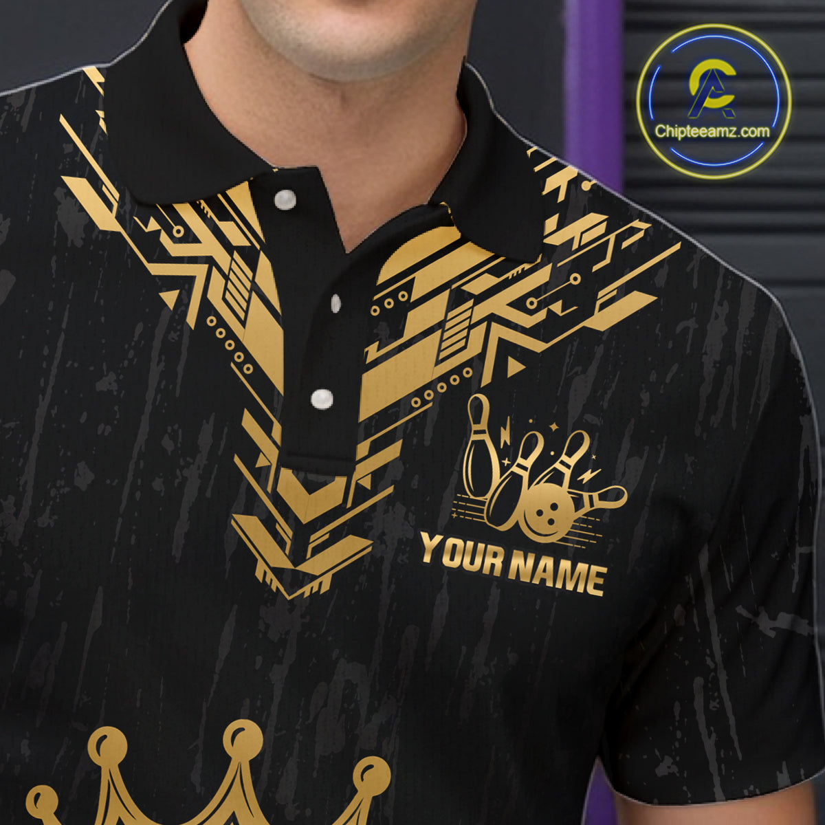 Personalized bowling polo shirt with a crowned bowling ball centered among geometric gold patterns across a black layout.