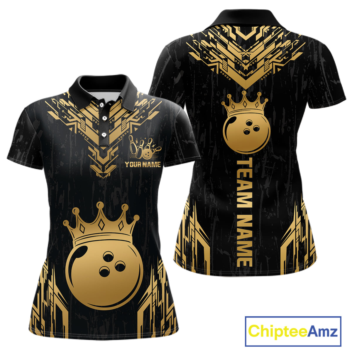 Front and back view personalized bowling polo shirt with a crowned bowling ball centered among geometric gold patterns across a black layout.
